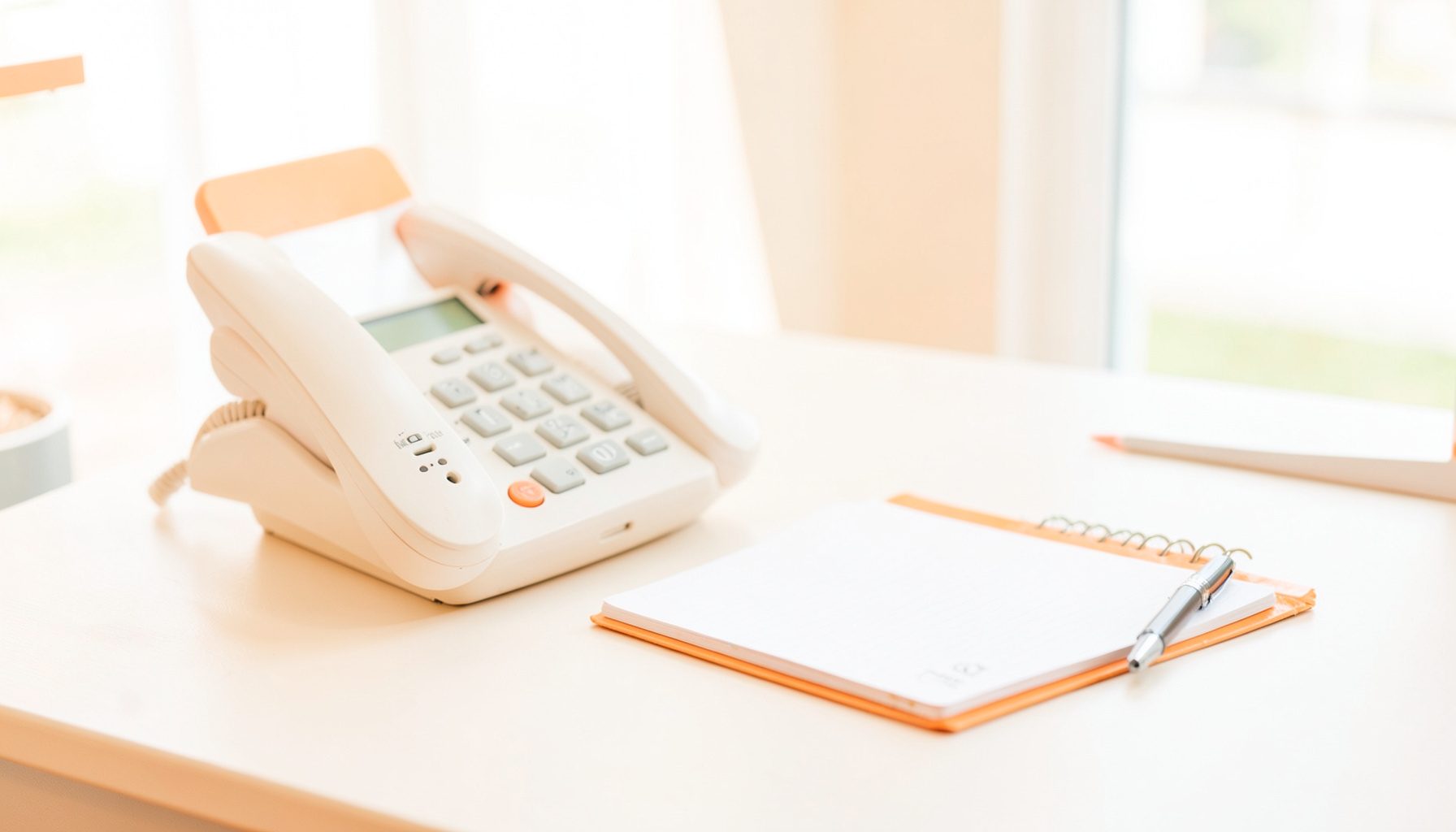 A bright, airy photograph of a clean modern customer service desk with a telephone handset, notepad, and pen on a light surface