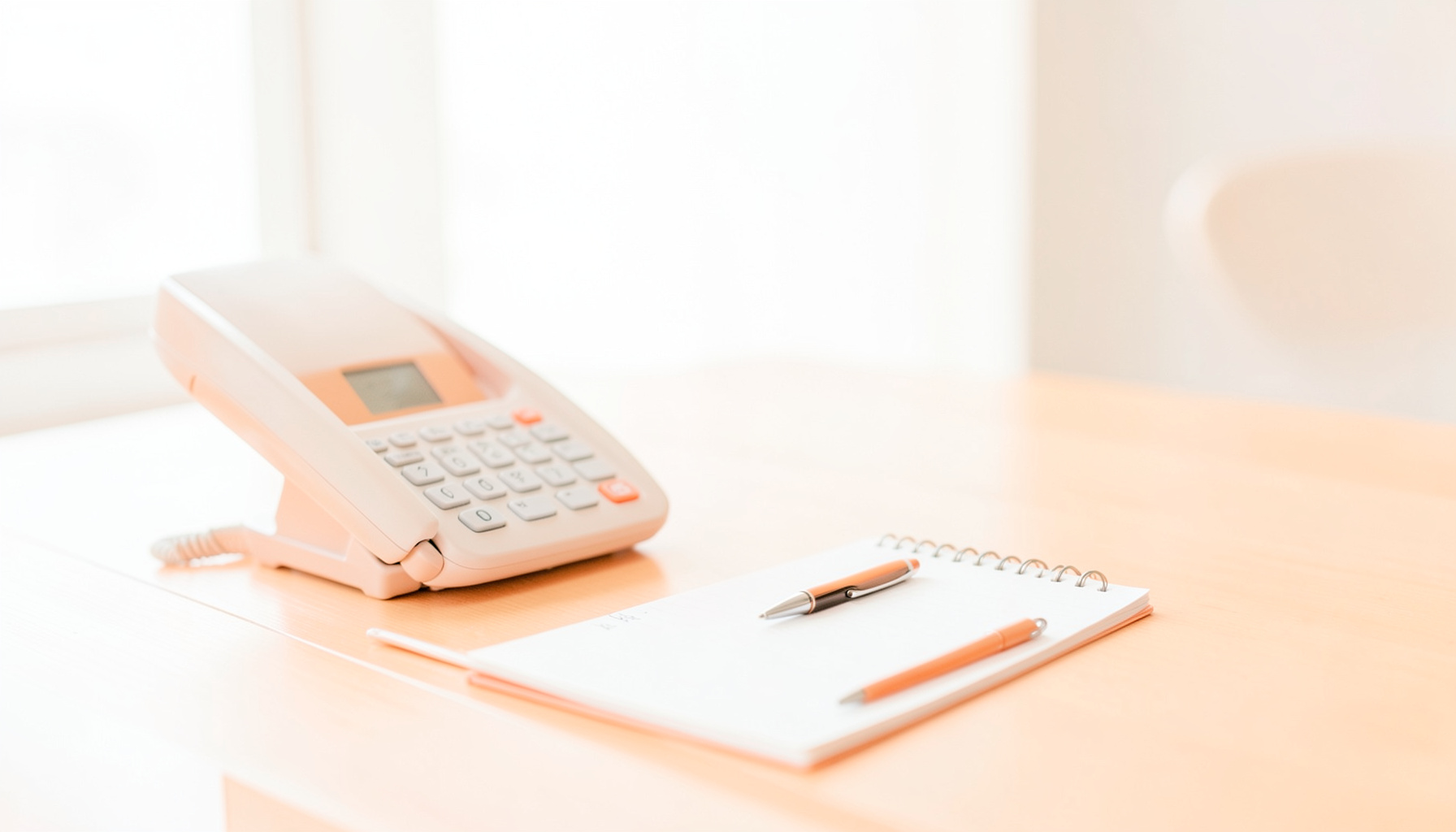 A bright, airy photograph of a clean modern customer service desk with a telephone handset, notepad, and pen on a light surface, calm and professional mood