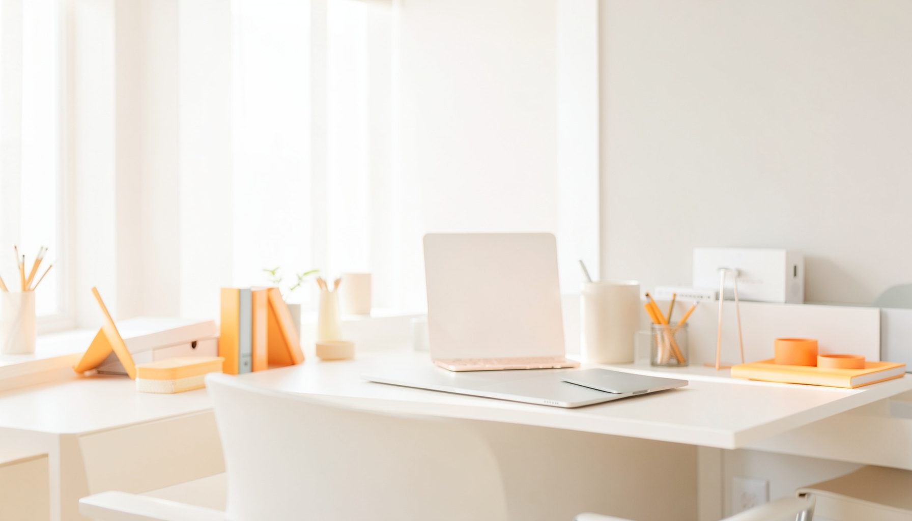 Bright, airy photograph of a clean modern workspace with soft natural light, neutral tones, and a calm professional atmosphere