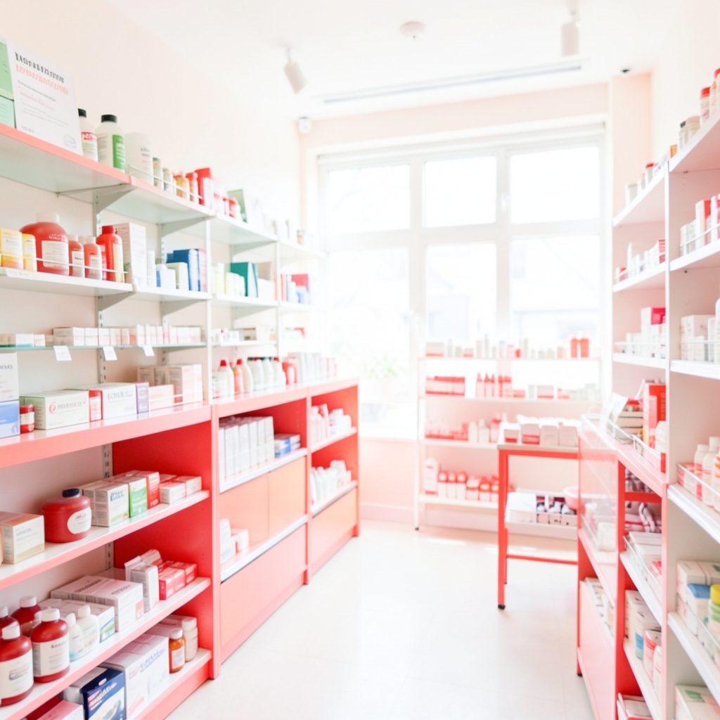 A bright, airy pharmacy counter with soft natural light, warm wood tones, and a clean professional atmosphere